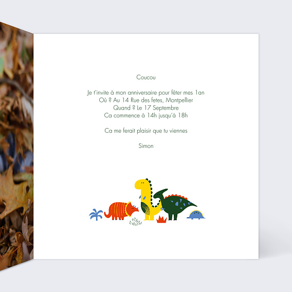 Invitation anniversaire enfant Dinosaure Jaune Intérieur Droit
