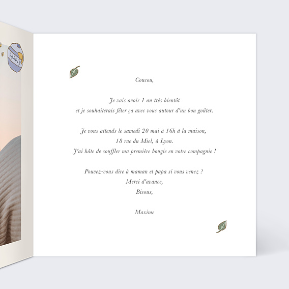 Invitation anniversaire enfant Gentil Ourson Intérieur Droit