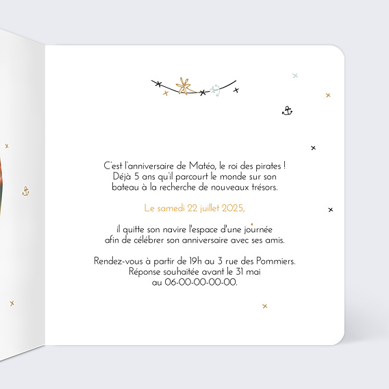 Invitation anniversaire enfant Petit Pirate Intérieur Droit