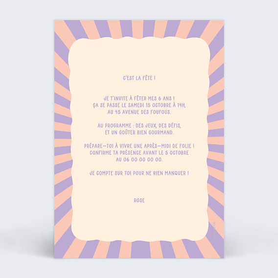 Invitation anniversaire enfant Licorne féérique Verso