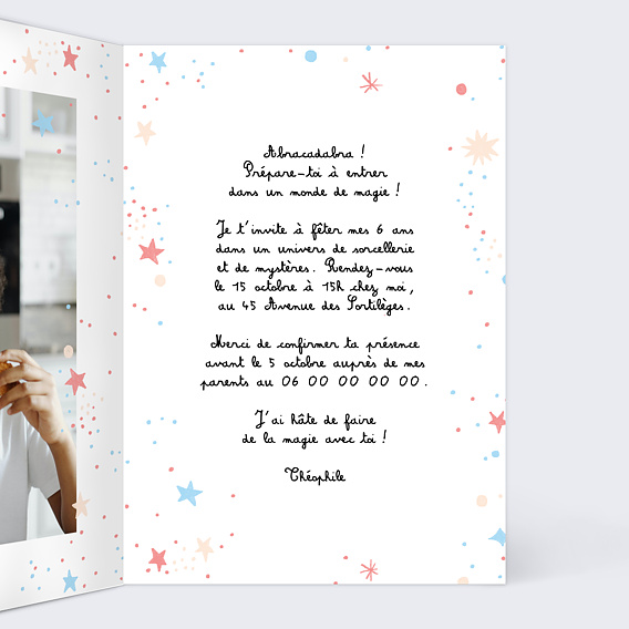 Invitation anniversaire enfant Magicien Intérieur Droit