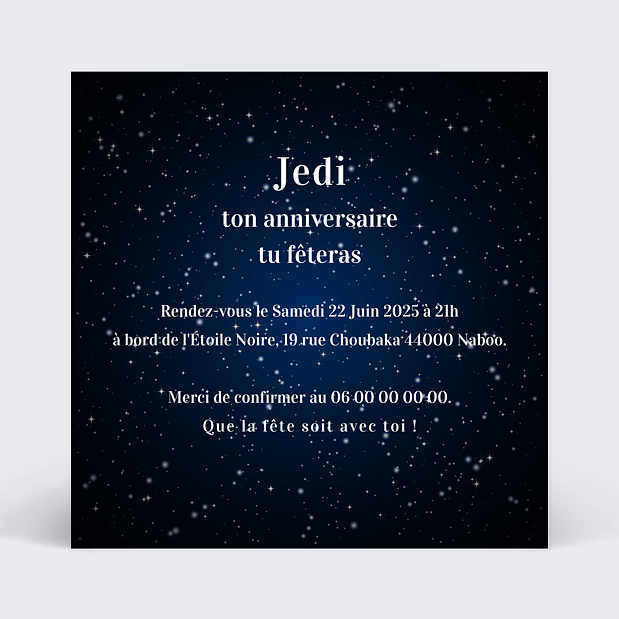 Carte d'invitation anniversaire galaxie Verso