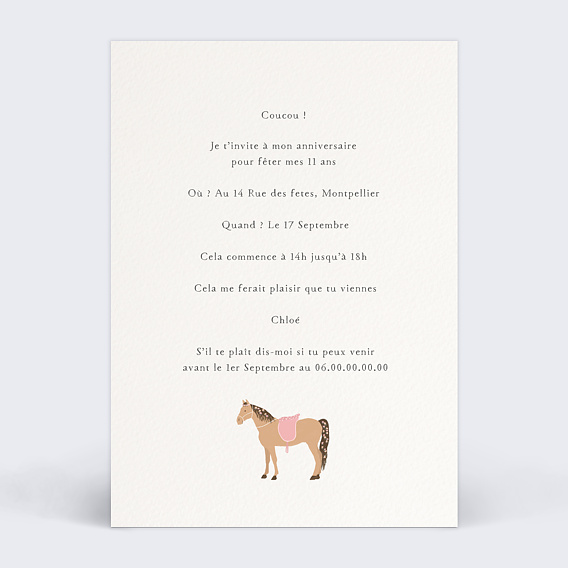 Invitation anniversaire enfant Grand Cheval Verso