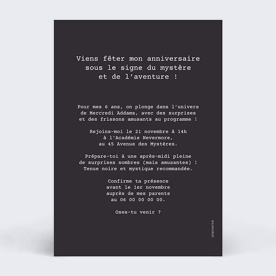 Invitation anniversaire enfant Mercredi Verso