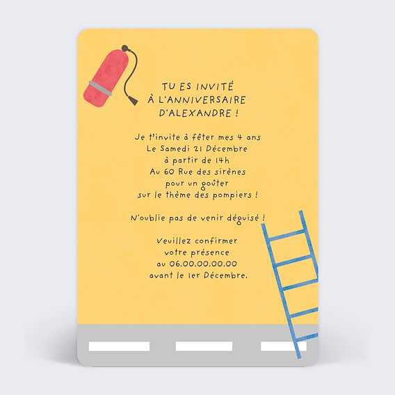 Invitation anniversaire enfant Pompiers Verso