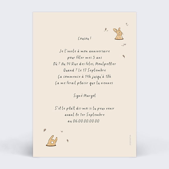 Invitation anniversaire enfant Lapin dans son Terrier Verso