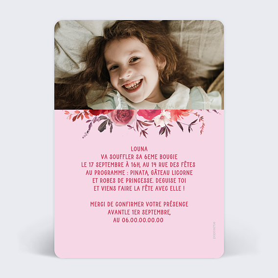 Invitation anniversaire enfant Gâteau Licorne Verso