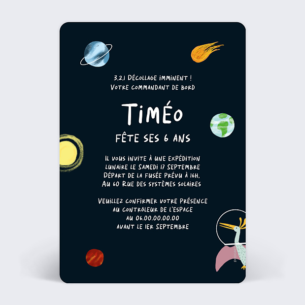 Invitation Anniversaire Enfant Dinosaures dans l'Espace Verso