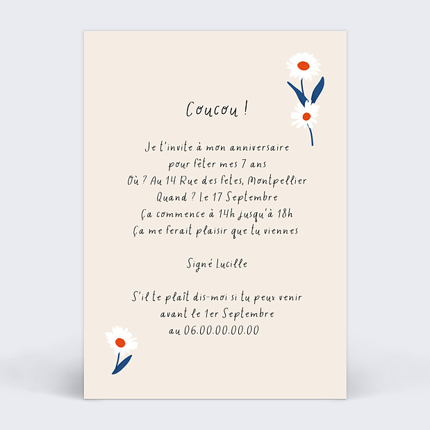 Invitation Anniversaire Enfant Pâquerettes Verso