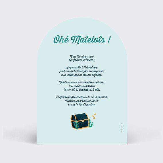Invitation anniversaire enfant Symbole Pirates Verso