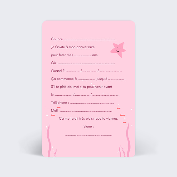 Invitation anniversaire enfant Petite Sirène Verso