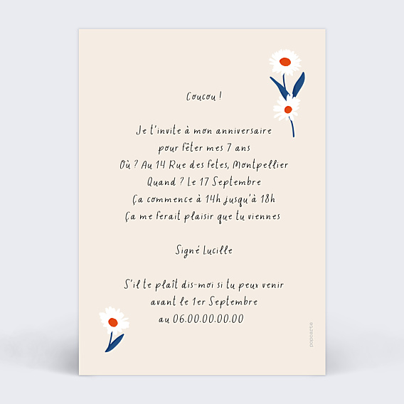 Invitation Anniversaire Enfant Pâquerettes