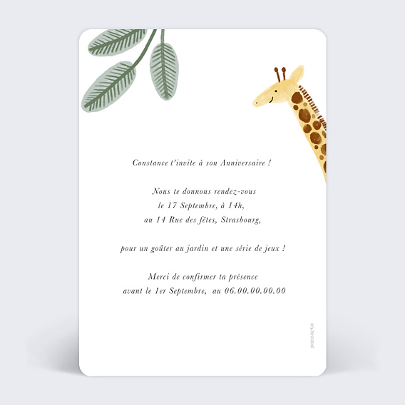 Invitation anniversaire enfant Amis de la jungle Verso