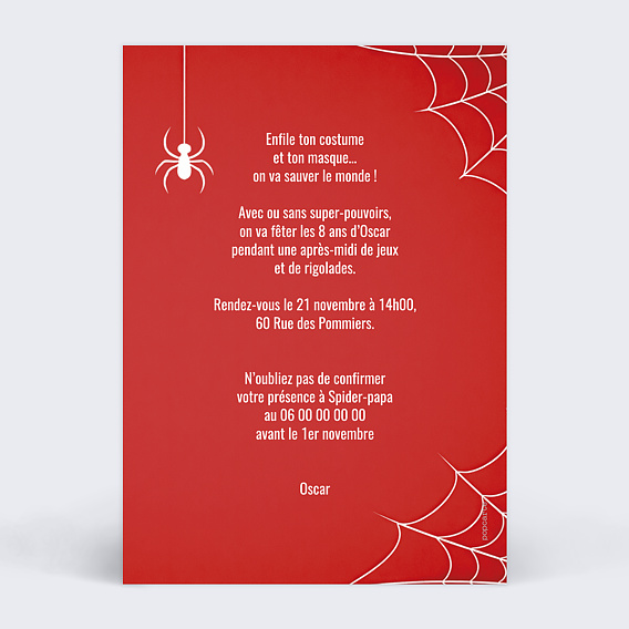 Invitation anniversaire enfant Portrait en super héros araignée Verso