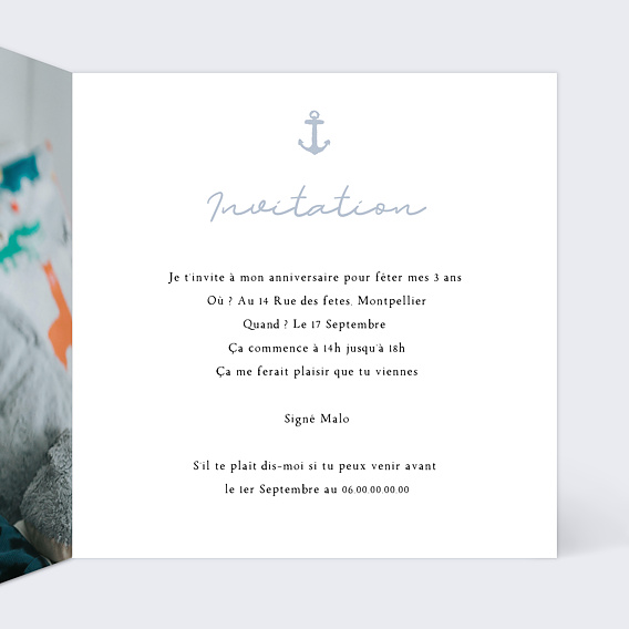 Invitation anniversaire enfant Marin Intérieur Droit