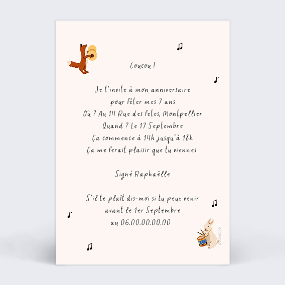 Invitation anniversaire enfant Fanfare Verso
