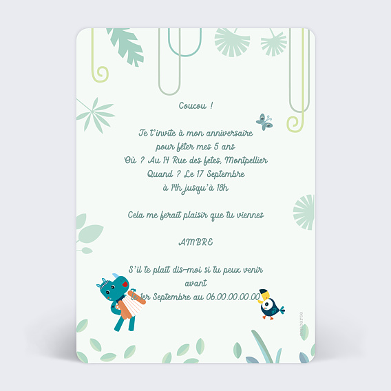 Invitation anniversaire enfant Lilliputiens x Popcarte - Jungle Verso