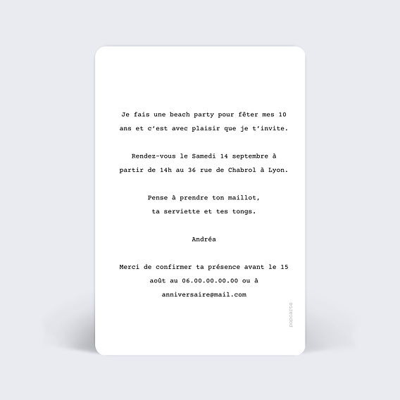 Invitation anniversaire enfant Enfant Beach Party Verso