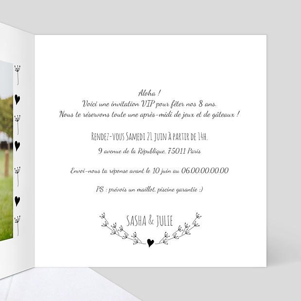 Carte d'Invitation Anniversaire Coeur Bucolique Dorure Intérieur Droit