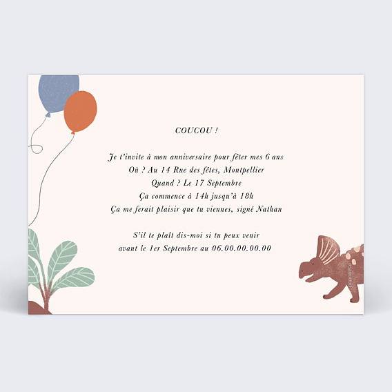 Invitation anniversaire enfant Dinosaures Festifs Verso