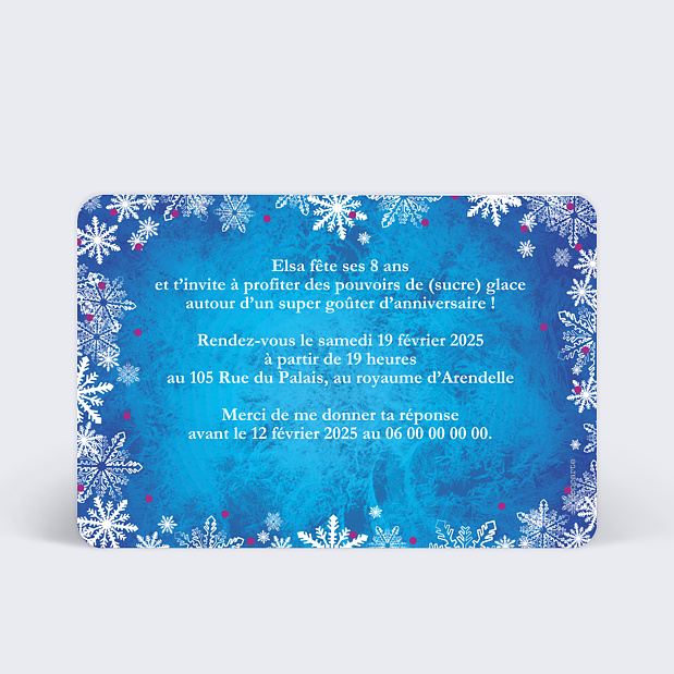Carte d'invitation anniversaire neige Verso