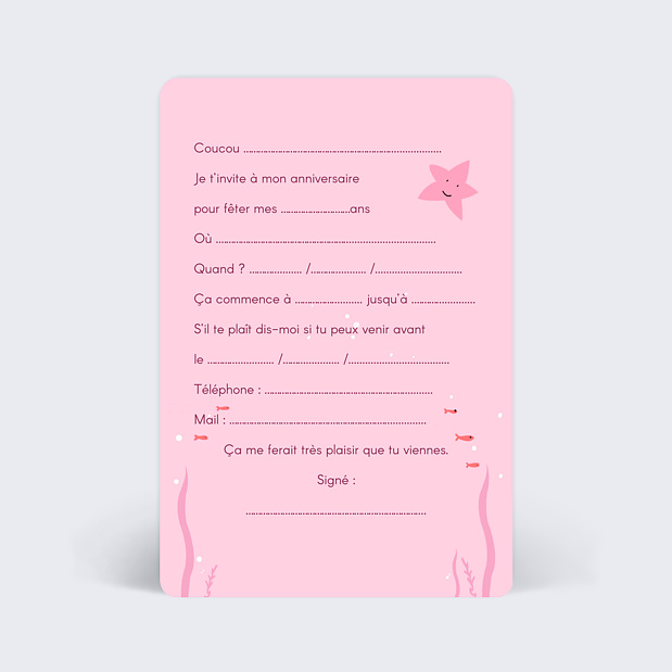 Carte d'invitation anniversaire Petite Sirène Verso
