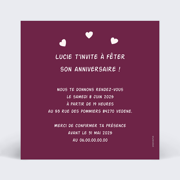 Carte d'invitation anniversaire poney Verso