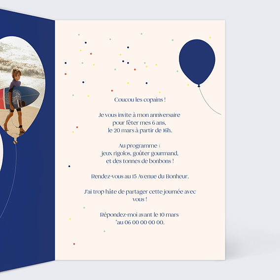 Invitation anniversaire enfant Ballon Glitter Garçon Intérieur Droit