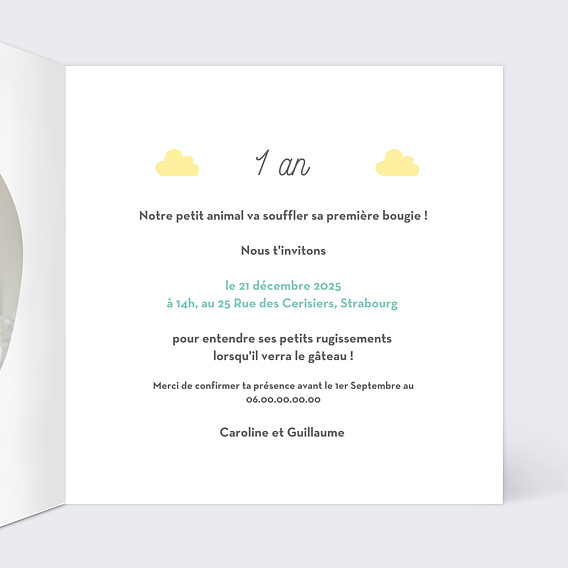 Invitation anniversaire enfant Nuages Doux Intérieur Droit