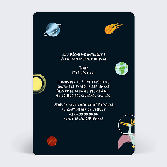 Invitation anniversaire enfant Dinosaures dans l'Espace Verso