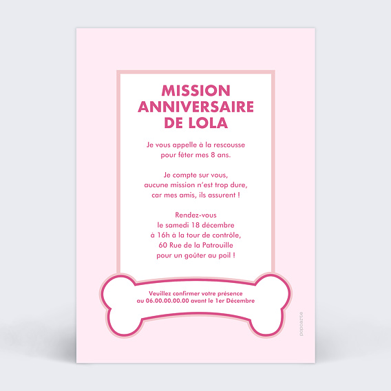 Invitation anniversaire enfant Patrouille party rose Verso