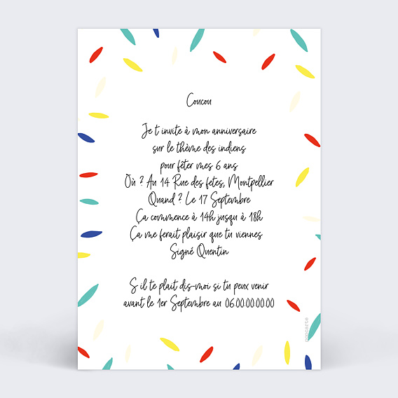 Invitation anniversaire enfant Indien Verso