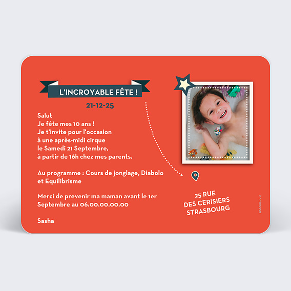 Invitation anniversaire enfant Ticket Cirque  Verso