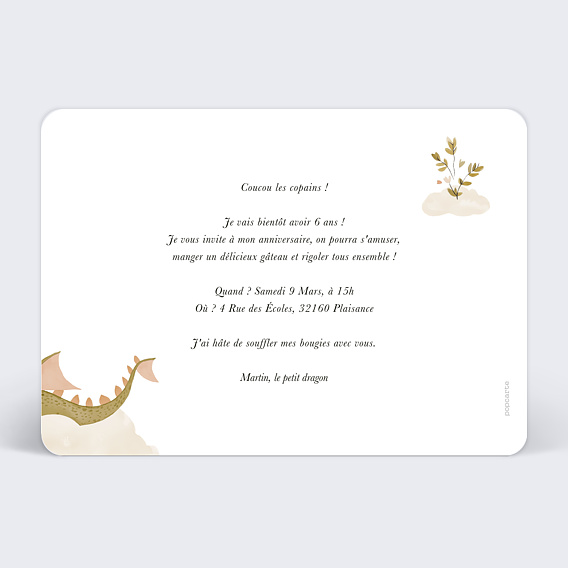 Invitation anniversaire enfant Dragon Verso