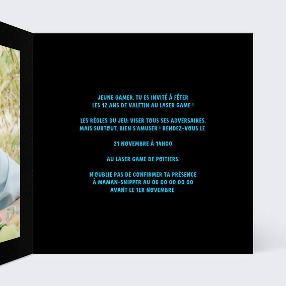 Invitation anniversaire enfant Laser Game Coloré Intérieur Droit