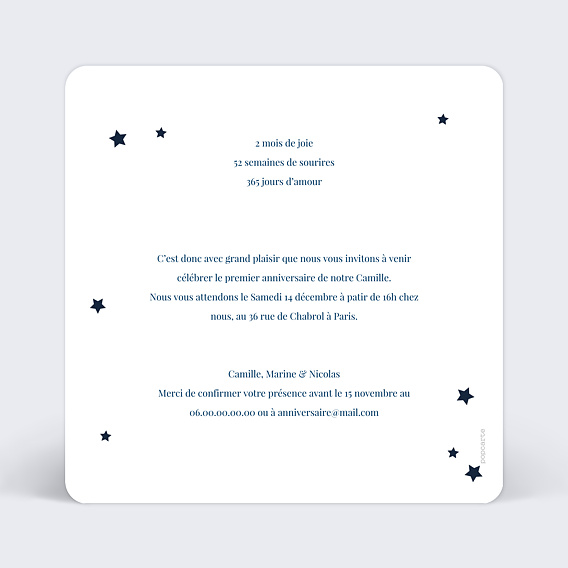 Invitation anniversaire enfant Bonne Étoile Verso