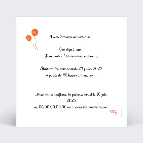 Invitation anniversaire enfant Party Verso