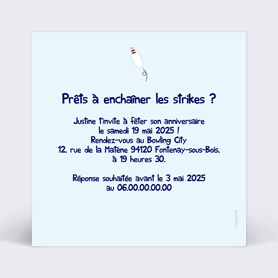 Invitation anniversaire enfant Bowling Verso