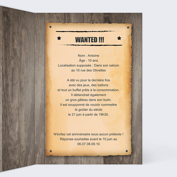 Invitation anniversaire enfant Wanted Intérieur Droit