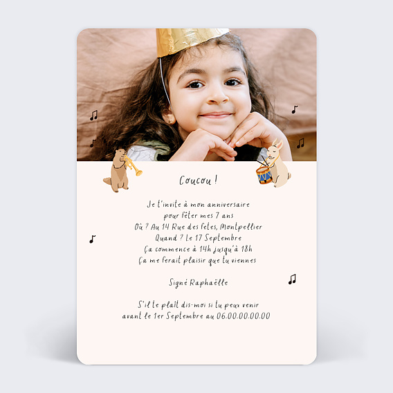 Invitation anniversaire enfant Animaux en Fête Verso
