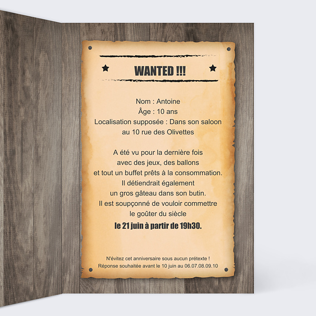 Carte d'invitation anniversaire wanted Intérieur Droit