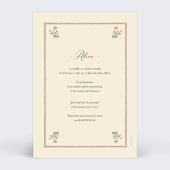 Invitation anniversaire enfant Tapisserie d'Antan Verso