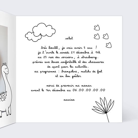 Invitation anniversaire enfant Coloriage Dinosaure Intérieur Droit