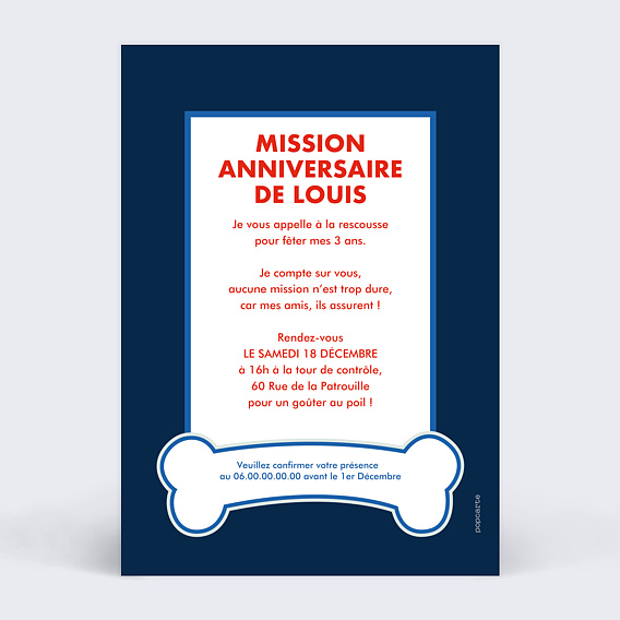 Invitation anniversaire enfant Patrouille Party Verso