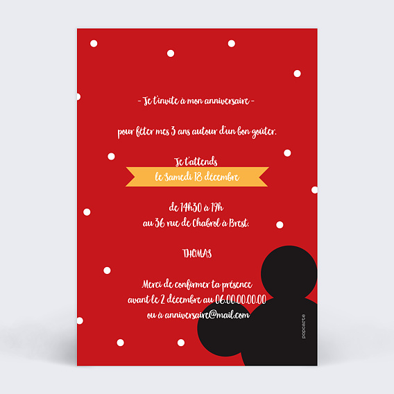 Invitation anniversaire enfant Mickey Verso