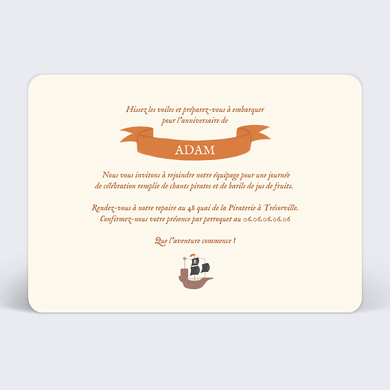 Invitation anniversaire enfant Grand Pirate Verso