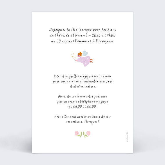 Invitation anniversaire enfant Fée du jardin Verso