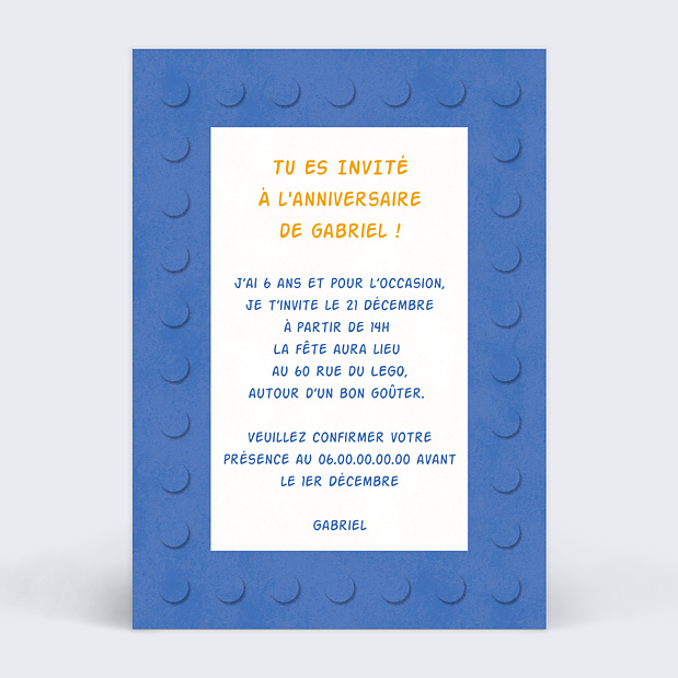 Invitation Anniversaire Enfant Jeu de Construction Verso