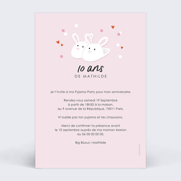 Carte d'invitation anniversaire soirée pyjama Verso