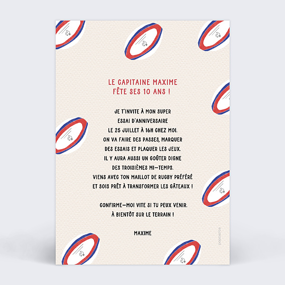 Invitation anniversaire enfant Champion Rugby Verso